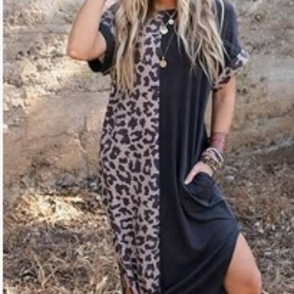 NEW LEOPARD T-SHIRT DRESS CAUSAL COMFY POCKETS - Picture 1 of 13